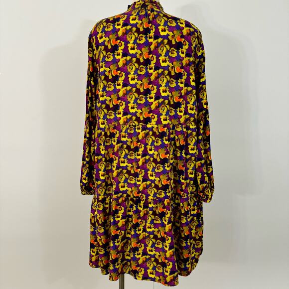 0039 Italy Button-Down Shift Shirt Dress Floral Purple Yellow XS Oversized - Picture 6 of 10
